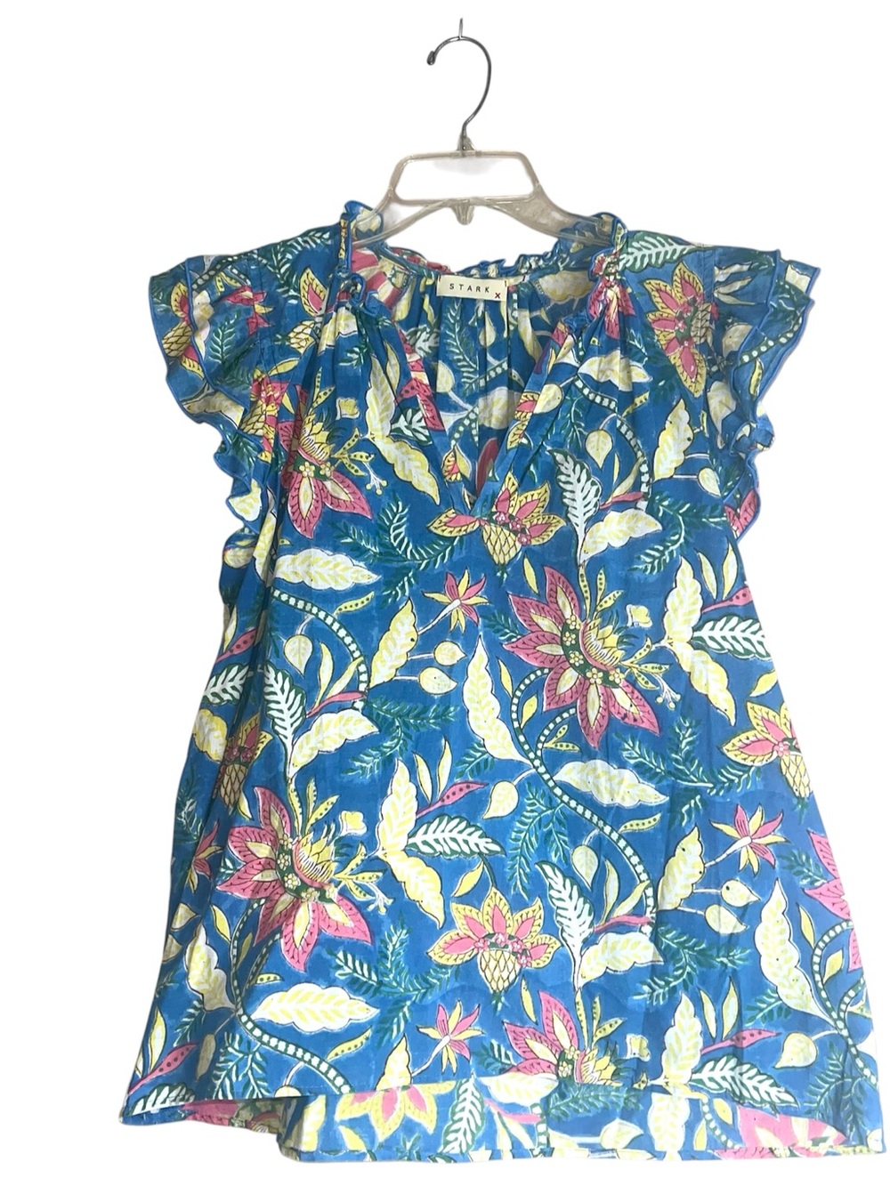 Stark X Blue Floral Print V-Neck Flutter Sleeve Top Sz S